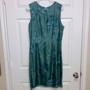 Liz Claiborne Green & Blue Silk Sheath Dress Crew Neck Sleeveless Size 10